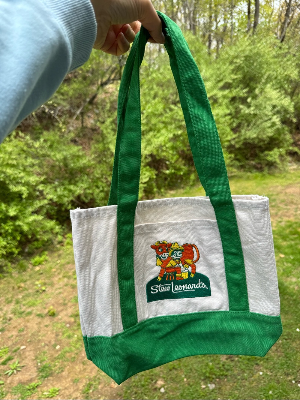 Stew Leonard’s Mini Canvas Tote with Green Trim and Embroidered Cow